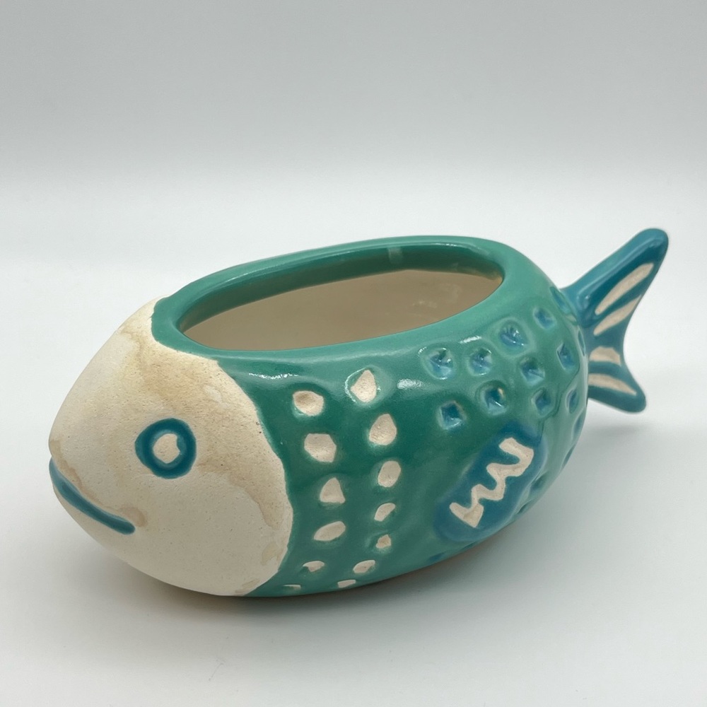 Anthropologie Fish Planter Trinket Dish Teal Green Ceramic Stoneware Ocean Beach